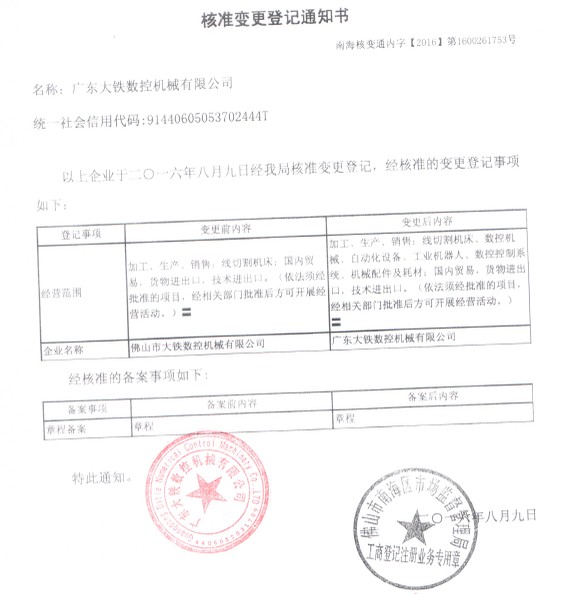 廣東大鐵數(shù)控機(jī)械有限公司變更通知書(shū)